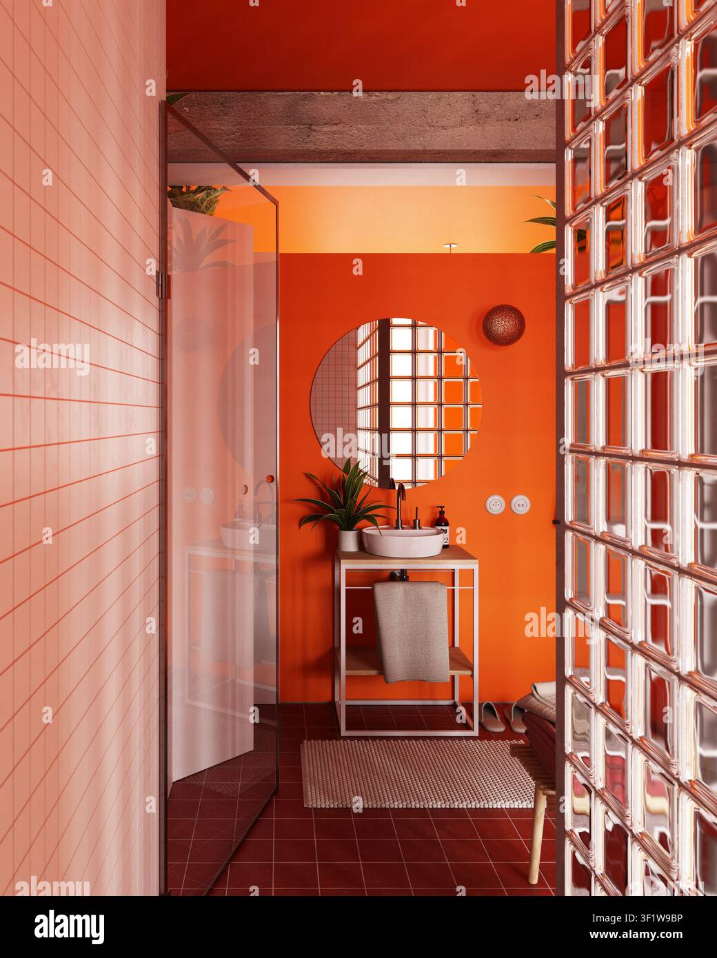 Render 3D verticale di un interno di bagno privato moderno con pareti arancioni audaci. Design contemporaneo con un lavandino bianco a forma di vaso, specchio rotondo e Foto Stock