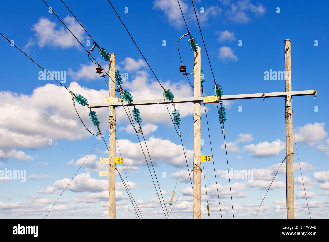 Pali in legno con linee elettriche contro il cielo blu Foto Stock