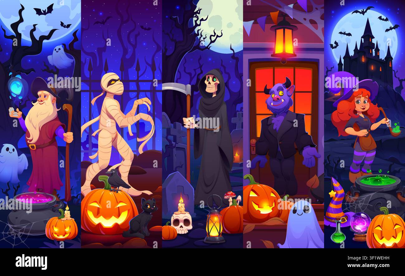 Collage di personaggi dei cartoni animati di Halloween spaventosi Illustrazione Vettoriale