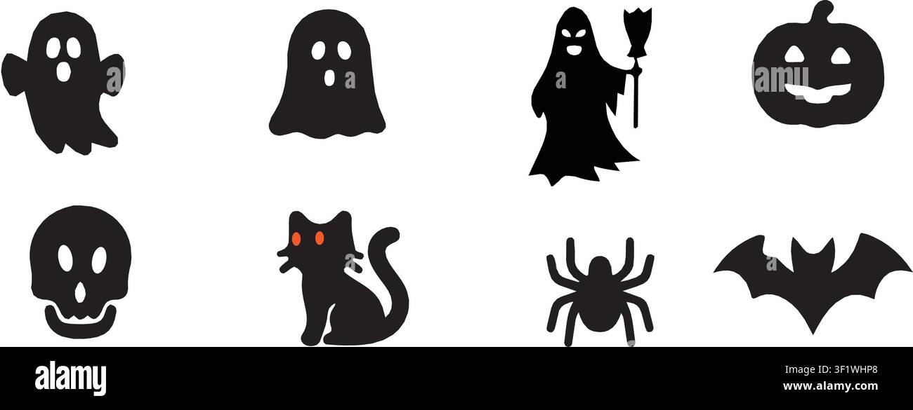 Set di silouette nere spaventose per Halloween con fantasmi, strega, zucca, teschio, gatto, ragno e pipistrello isolati su sfondo bianco Illustrazione Vettoriale