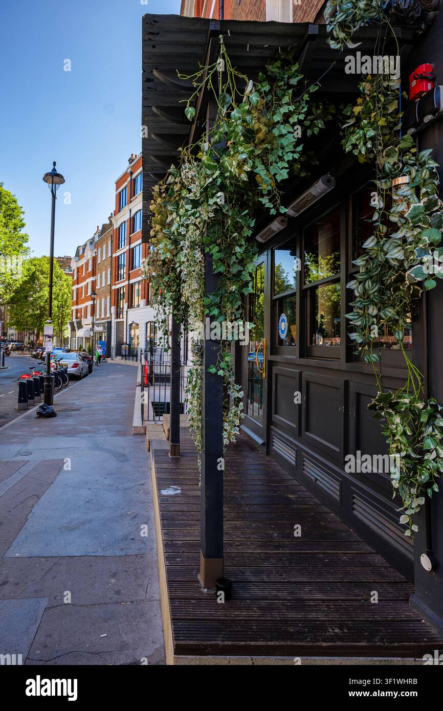 Londra - 07 15 2022: Facciata in legno di Foley Street con tettoia di edera e edifici urbani misti. Strada urbana con una struttura in legno scuro che presenta un piano rialzato Foto Stock