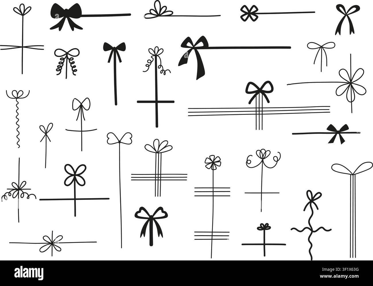 Scatole regalo nere con fiocchi doodle. Fiocco nero con linee per biglietti decorati, inviti, banner, regali. Elementi decorativi semplici ed eleganti, vettore Illustrazione Vettoriale