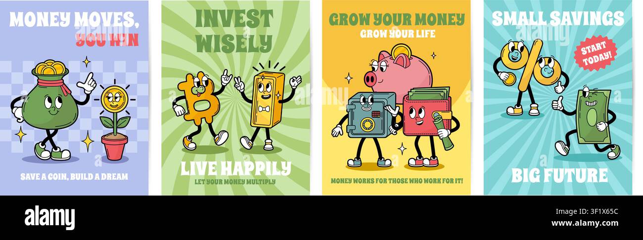 Banner finanziari groovy. Poster motivazionali per risparmi e investimenti. Personaggi divertenti legati al denaro, salvadanaio, borsa con monete d'oro, vettore neoterico Illustrazione Vettoriale