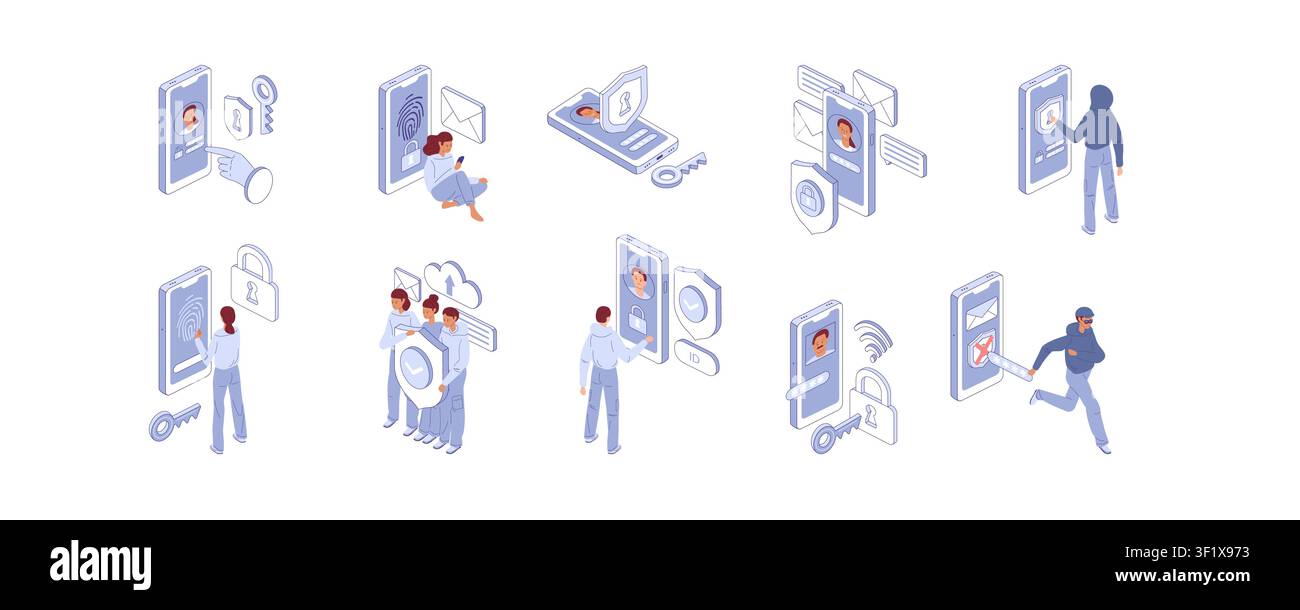 Set di protezione digitale. Persone e telefoni. Vettore isometrico. Ottimo per blog sulla sicurezza, poster sulla privacy o campagna di cybersecurity. Illustrazione Vettoriale