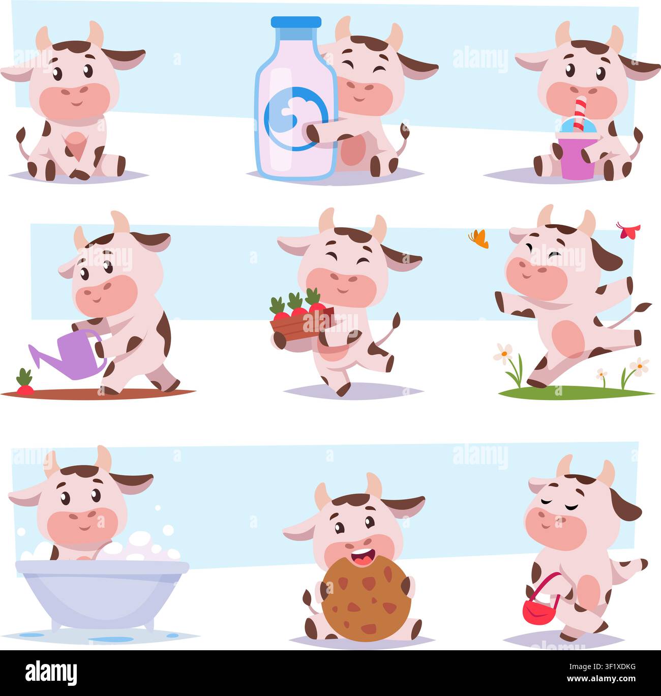 Mucche carine. Illustrazione vettoriale con adorabili vitelli in cartone animato con latte vegetale, frutta, attrezzi, dessert e scene agricole come assets esatti Illustrazione Vettoriale