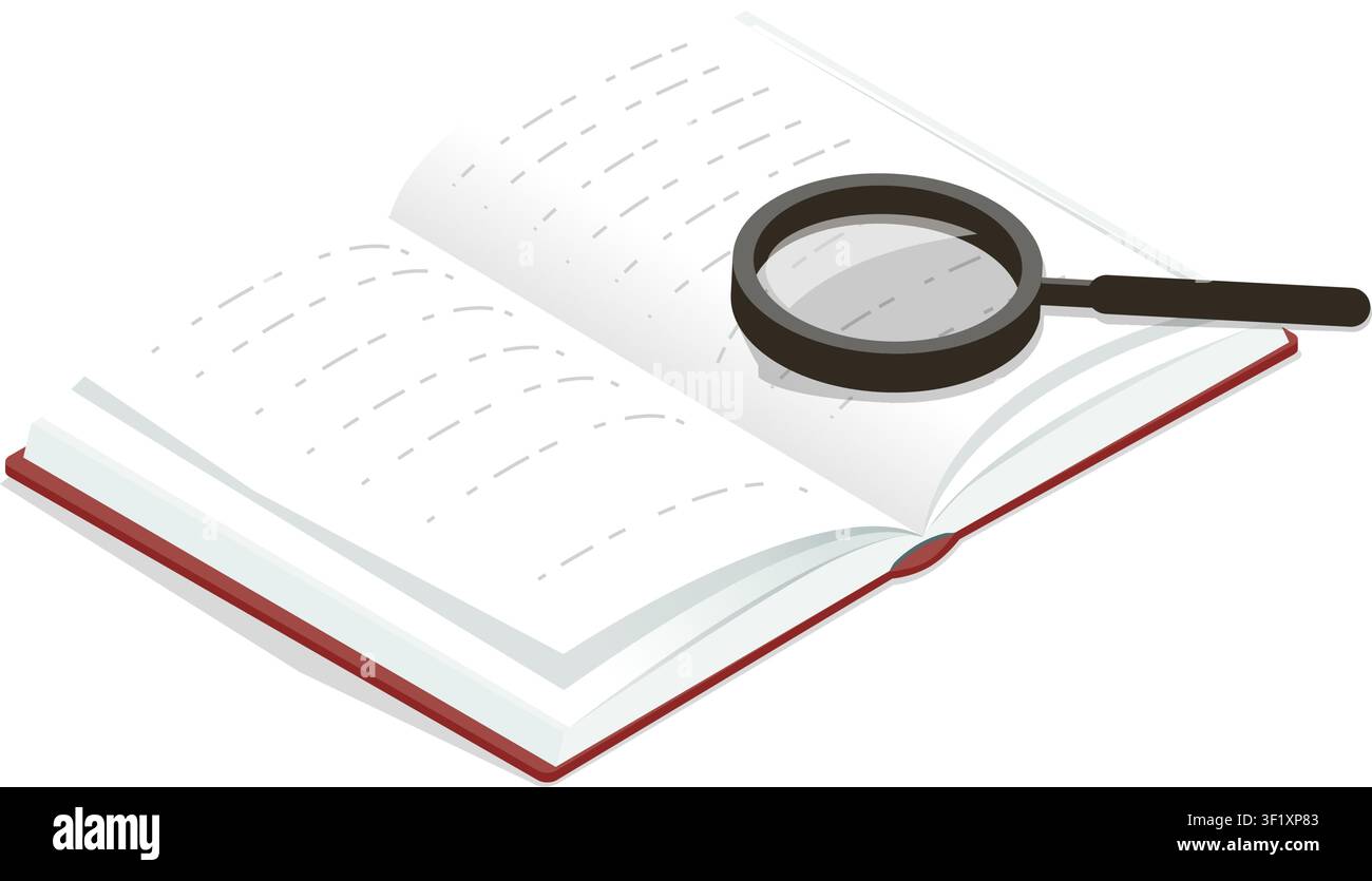 Libro aperto con una lente d'ingrandimento che rappresenta la lettura, la revisione di documenti, la ricerca, l'apprendimento e la ricerca di informazioni. Illustrazione Vettoriale