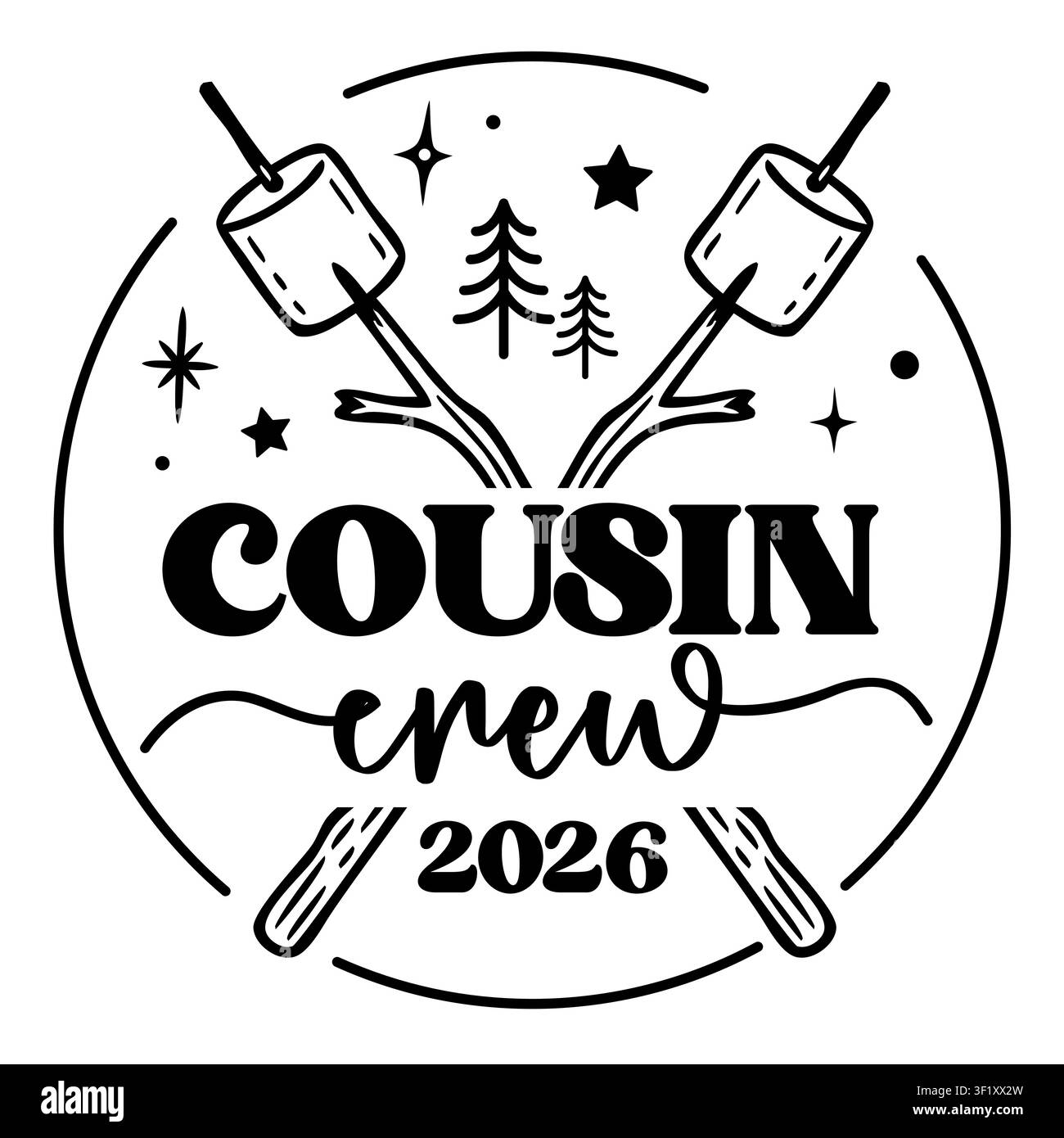 Design a tema campeggio Cousin Crew 2026. Illustrazione Vettoriale