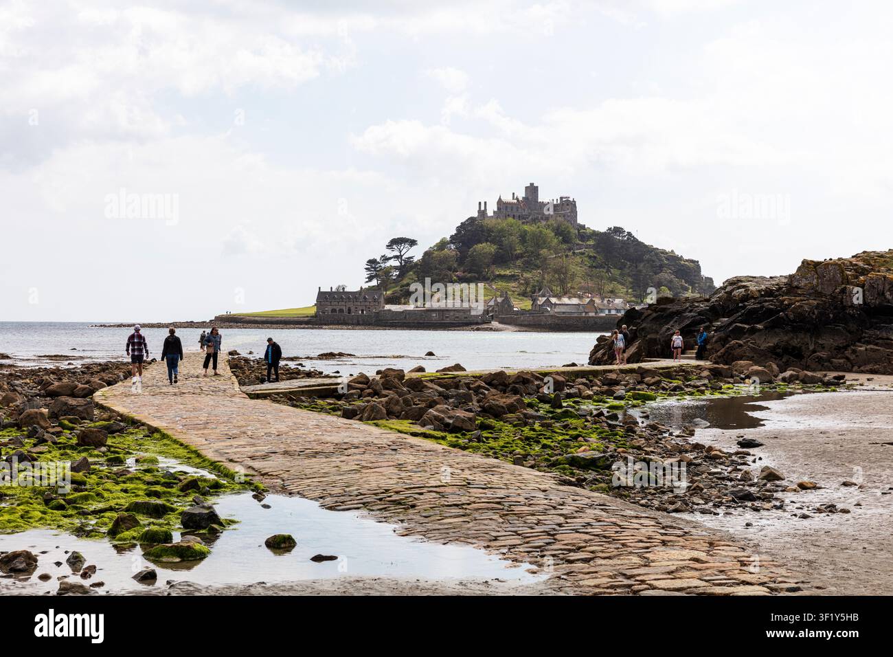 Vista costiera di St Michael's Mount in Cornovaglia, con persone che camminano lungo il percorso di marea verso l'isola. Il sentiero di pietra è circondato da canne Foto Stock