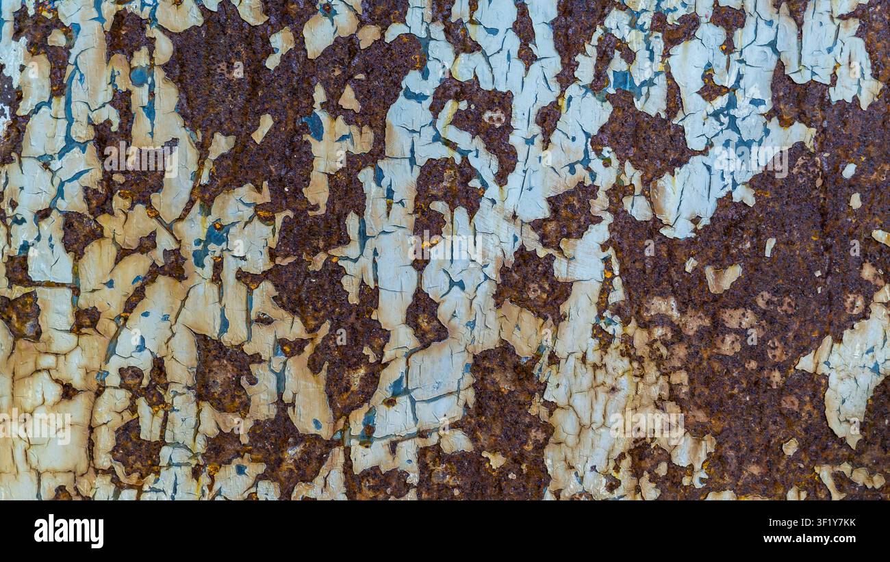 Prima vista di una superficie metallica corrotta con vecchia vernice crepata Foto Stock