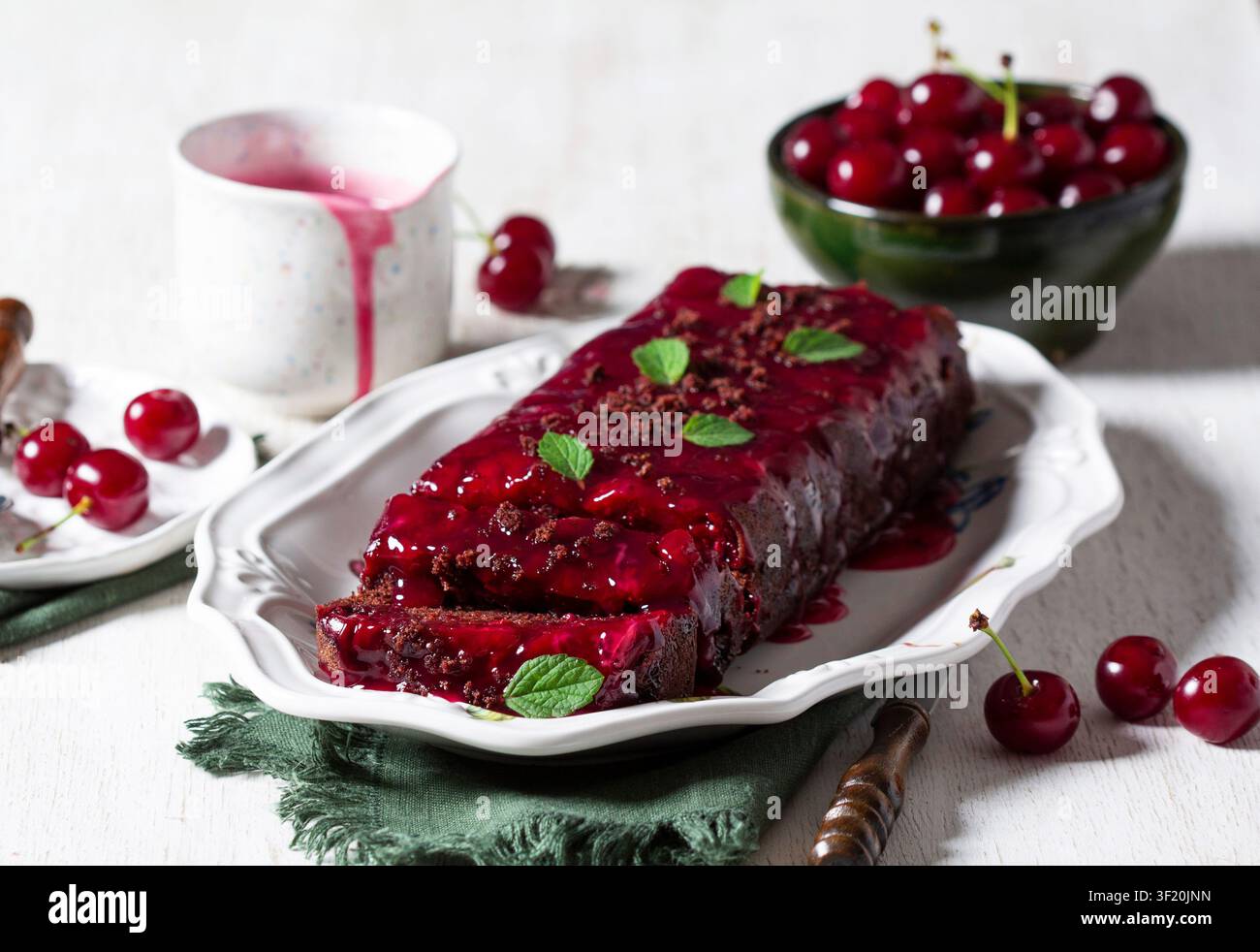 Torta morbida al cioccolato e ciliegie con salsa di ciliegie e guarnizione di menta fresca Foto Stock