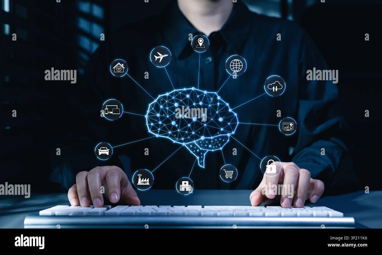 Concetto di rete neurale AI e tecnologia di connessione intelligente. Rete cerebrale digitale IA, icone di dispositivi IoT, cloud computing, serratura di cybersecurity, assistenza sanitaria, Foto Stock
