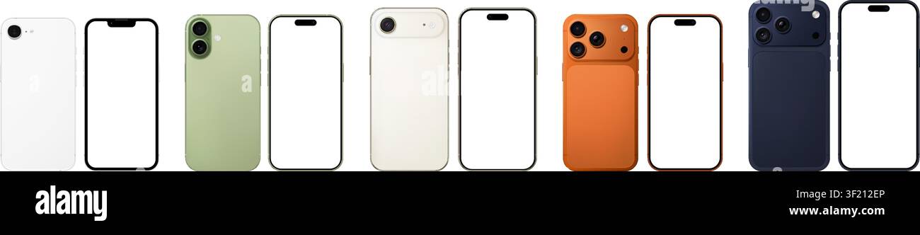 Pacchetto di mockup dettagliati di telefono cellulare bianco, verde, oro, arancione, blu. Vista frontale e posteriore isolata su sfondo trasparente. PNG vettoriale Illustrazione Vettoriale
