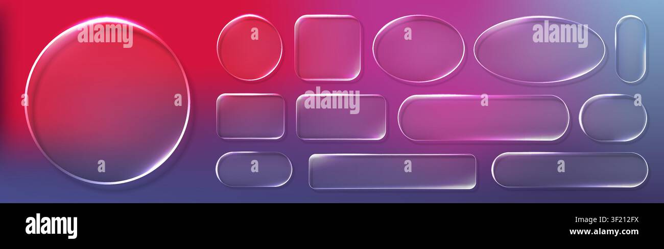 Elementi di mockup IU di base in stile glassmorphism viola realistico isolati su sfondo colorato. Collezione di cornici trasparenti in vetro neon. Stile erba sfocato Illustrazione Vettoriale