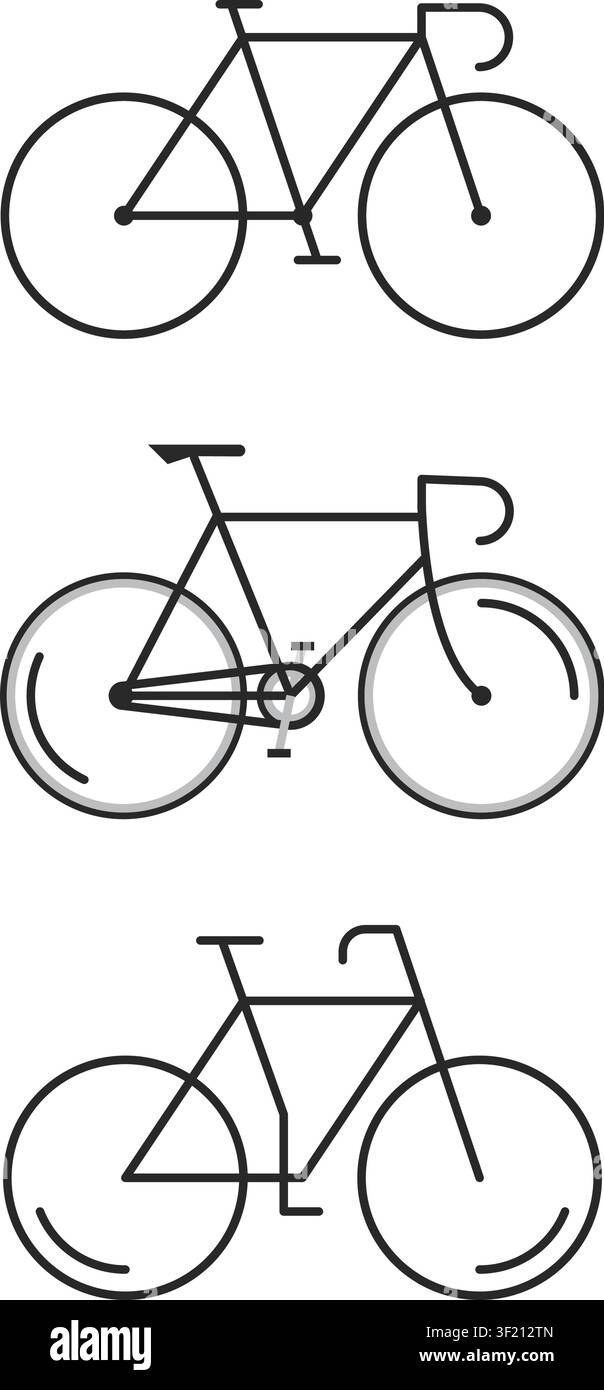 Una raccolta di tre semplici illustrazioni lineari di biciclette che mostrano diverse geometrie del telaio e stili di maniglie su uno sfondo bianco pulito. Illustrazione Vettoriale