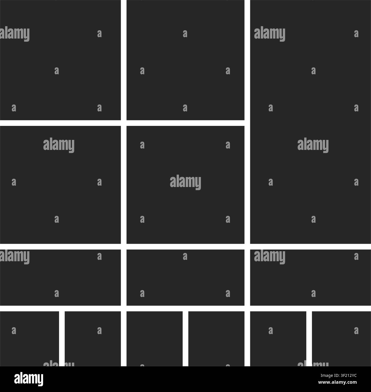 Un modello a griglia grigio scuro moderno progettato per un mosaico fotografico con opzioni di cornice quadrate e rettangolari variate su uno sfondo bianco pulito. Illustrazione Vettoriale