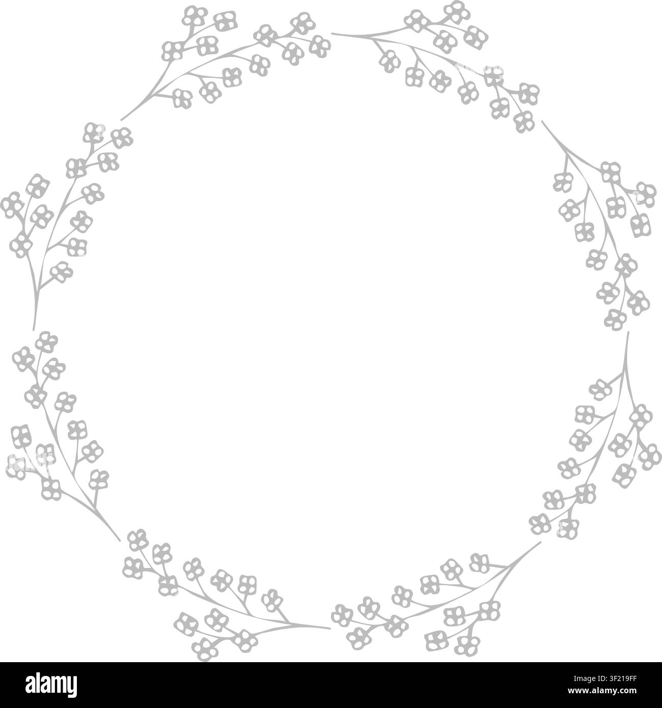 Una cornice circolare floreale disegnata a mano in eleganti toni di grigio. Caratterizzata da fiori delicati, foglie e rami, questo design botanico minimalista è Illustrazione Vettoriale