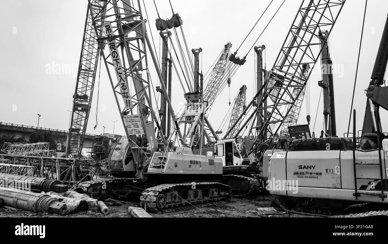 Gru industriali monocromatiche nel cantiere di Hanoi Foto Stock