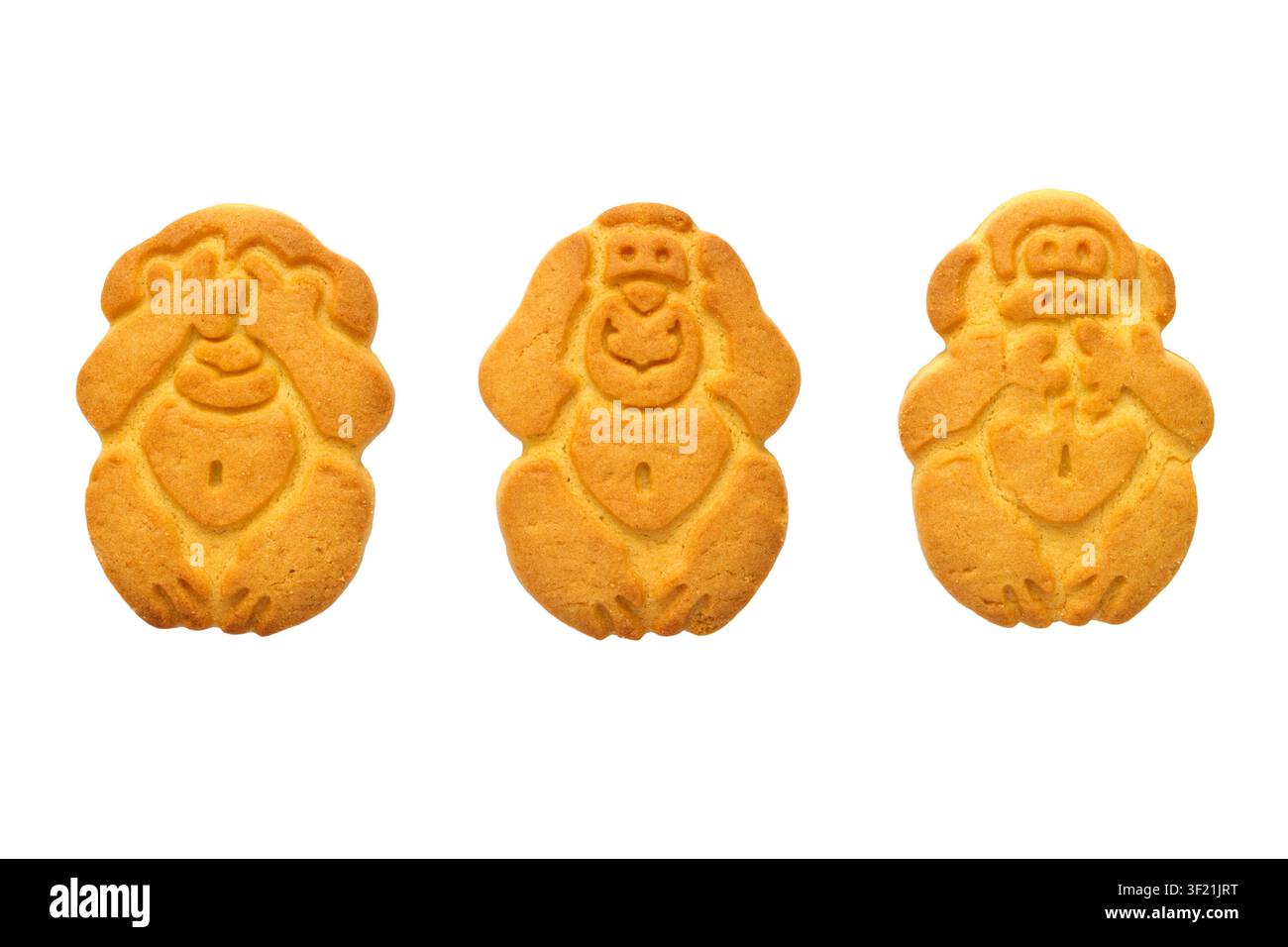 Biscotti Non vedo nulla, non sento nulla, non dico nulla. Tre biscotti su sfondo bianco. Foto Stock
