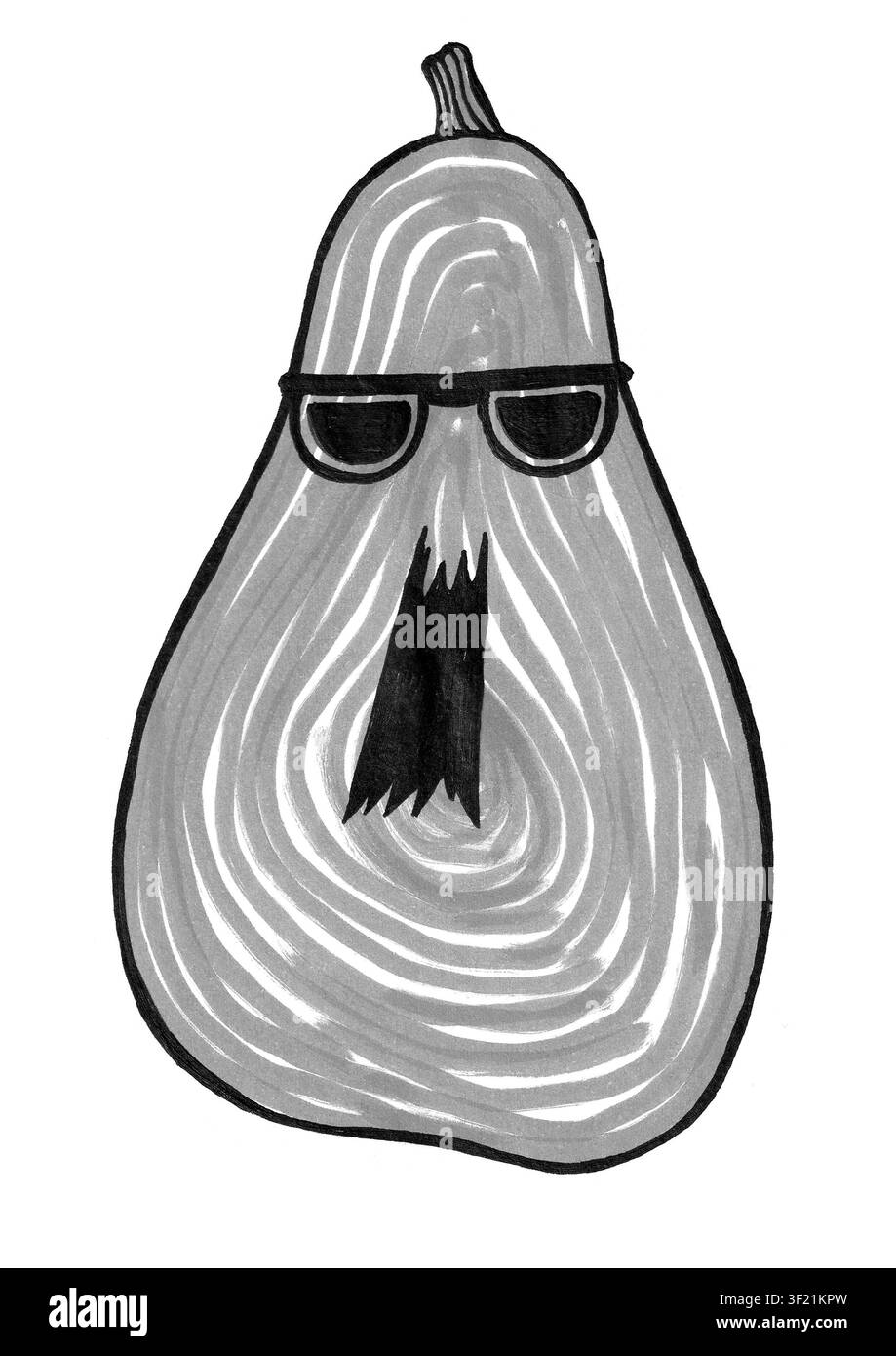 Illustrazione stilizzata di una Jack o lantern. Una zucca allungata. Con occhiali scuri. Colore grigio. Contorno nero, occhiali e bocca. Riempito con linee arancioni. Disegno a pennarello. Simbolo di Halloween. Foto Stock