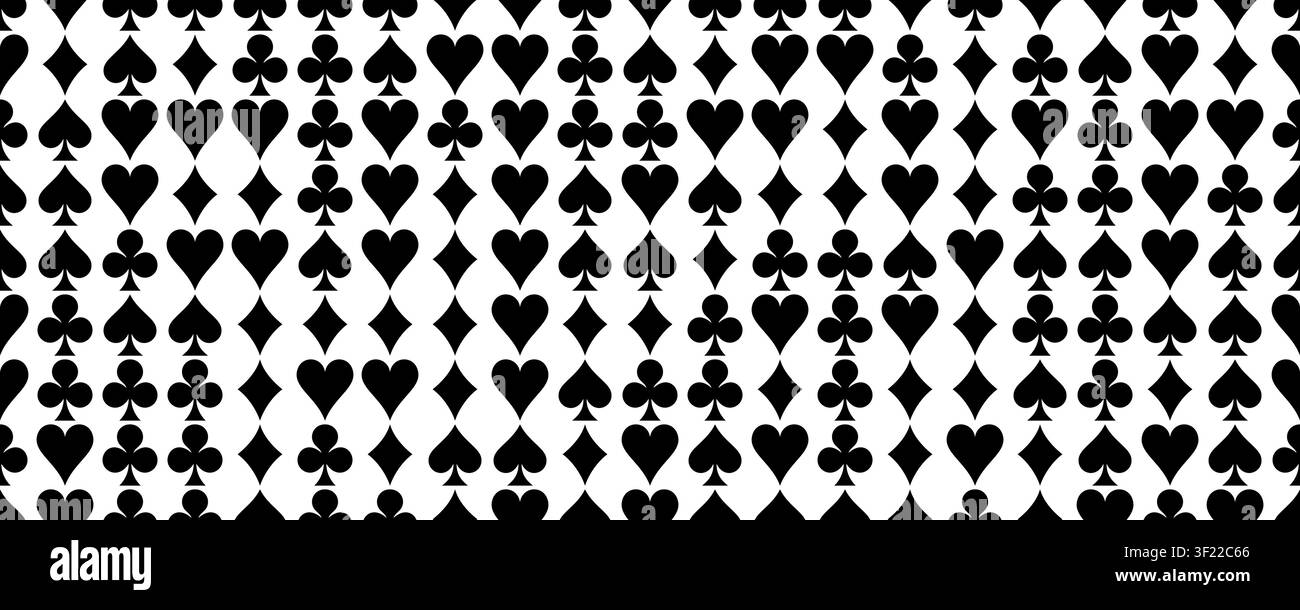 Motivo senza fine con carte da gioco con picche, cuori, quadri e fiori in classico design bianco e nero. Motivi perfetti per casinò. Illustrazione vettoriale. Illustrazione Vettoriale