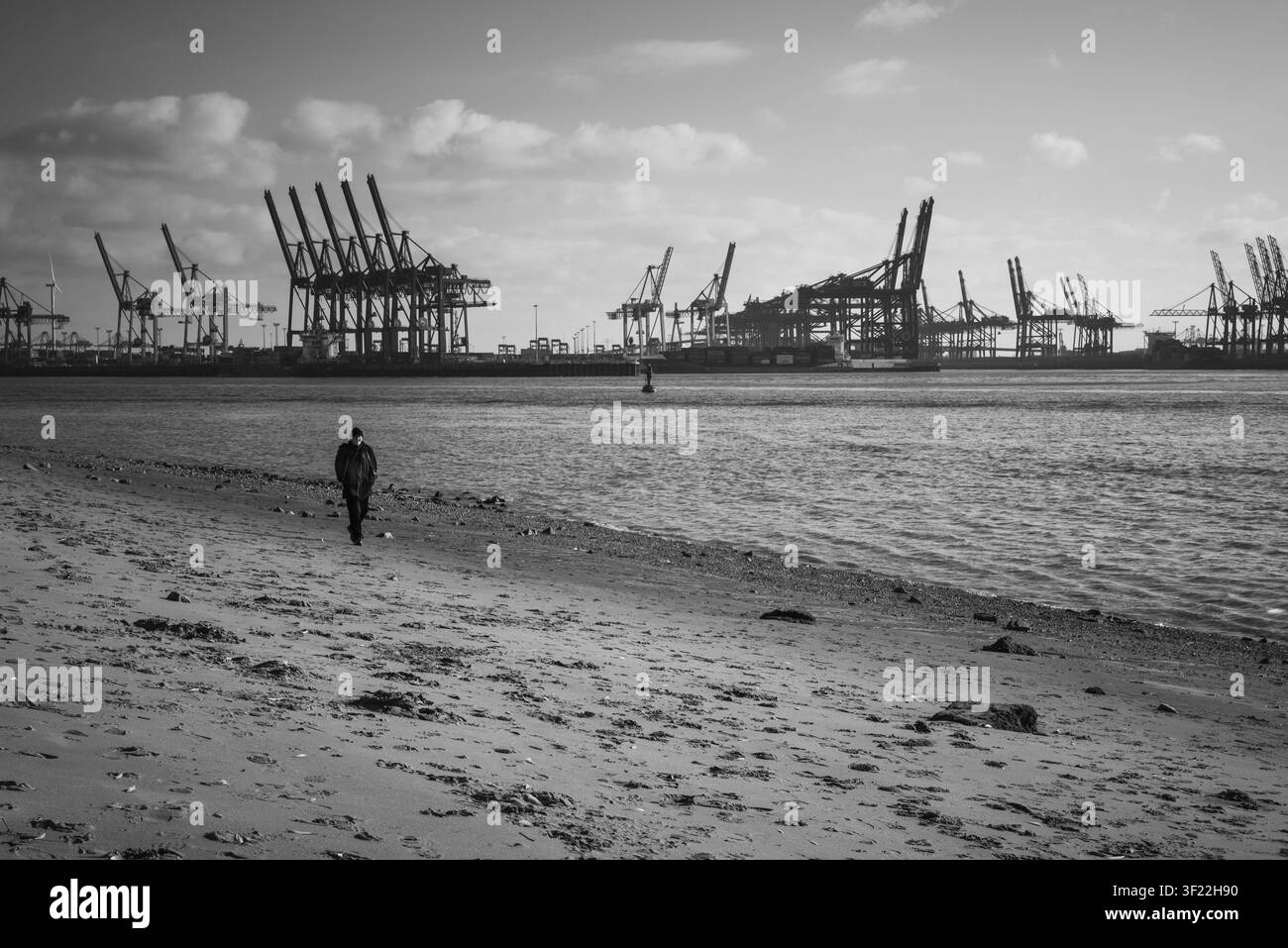 Amburgo, Germania - 14 luglio 2026: Vista di una persona che cammina lungo l'argine sabbioso con le gru per container industriali del porto di Amburgo nel Foto Stock