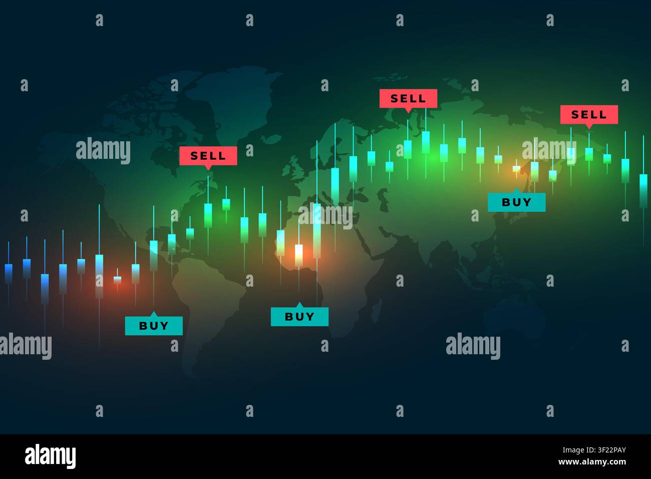Grafico a candele globale colorato su una mappa del mondo che mostra segnali di acquisto e vendita, tendenze di mercato e volatilità per il trading azionario, forex e finanza Illustrazione Vettoriale