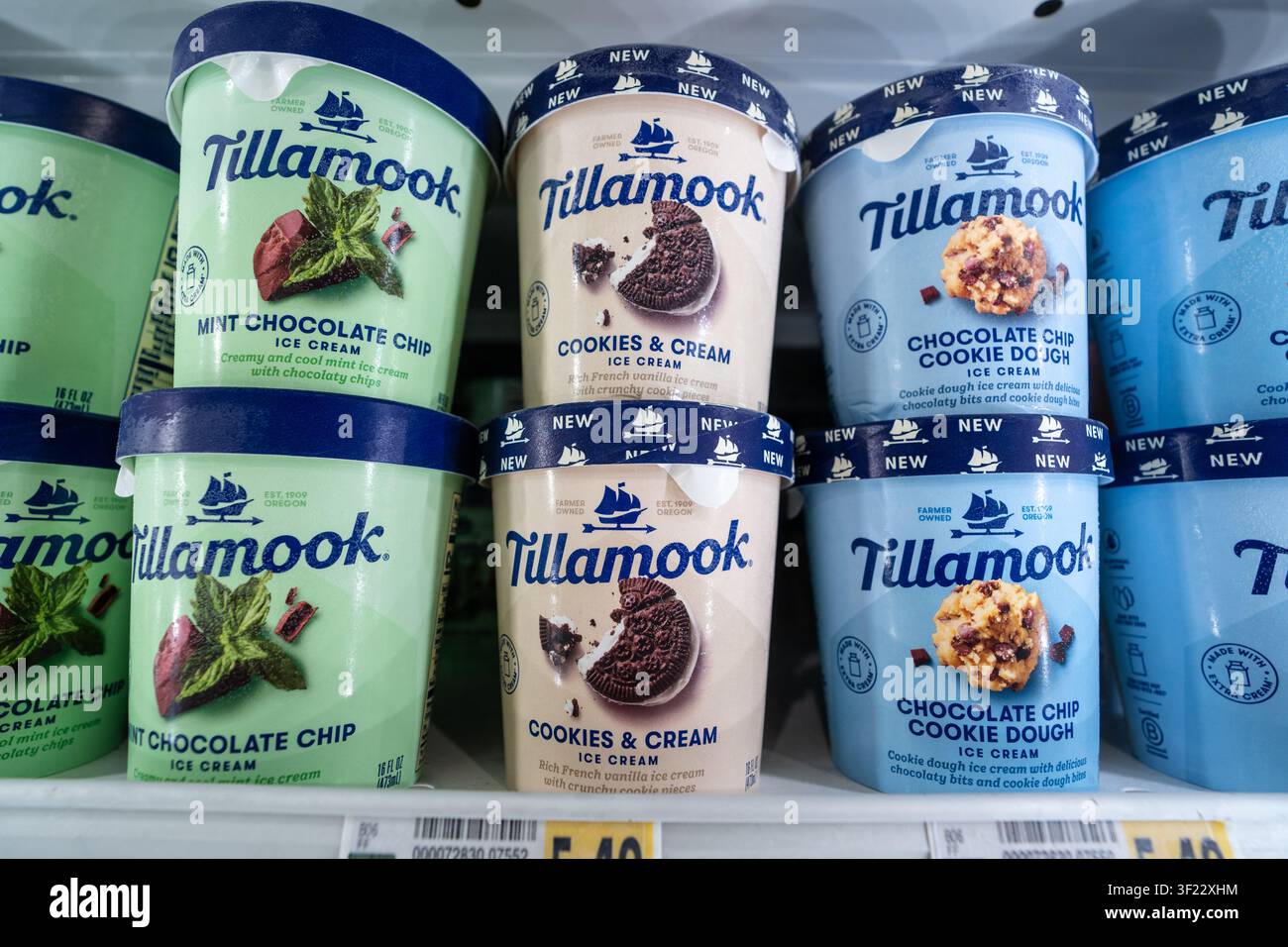Contenitore di gelato Tillamook su uno scaffale di un negozio di alimentari con il marchio di latticini e dessert congelati premium Foto Stock