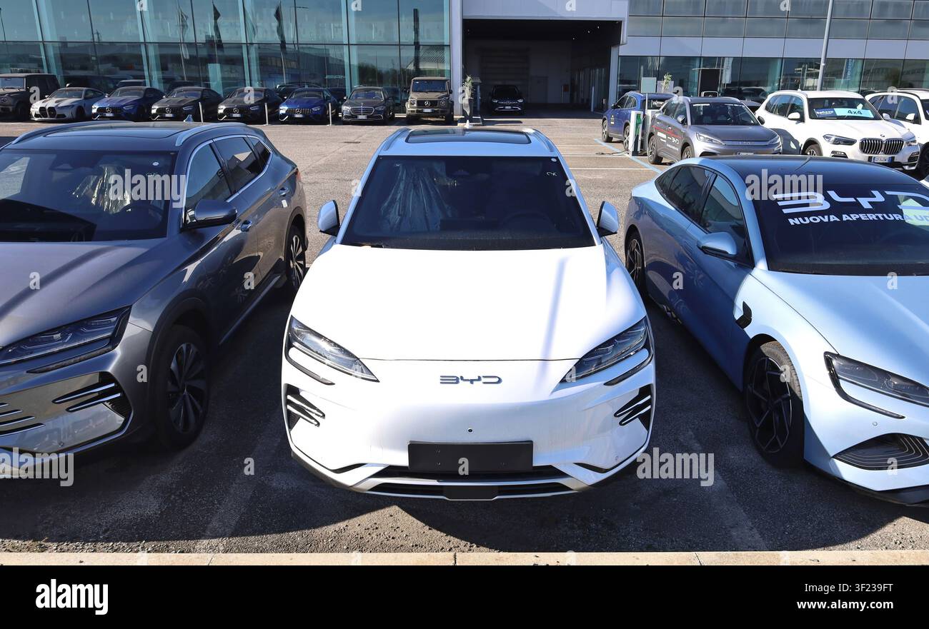 Udine, Italia. 1 novembre 2024. Modelli BYD Song plus allineati fuori dalla concessionaria ufficiale del costruttore cinese di veicoli elettrici BYD. Foto Stock