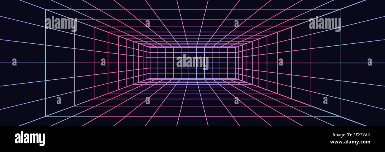 Sfondo a griglia prospettica con effetto stanza in wireframe 3D. Linee di griglia sfumate blu viola su superficie scura. Paesaggio digitale di realtà virtuale. Retro anni 80 90 c Illustrazione Vettoriale