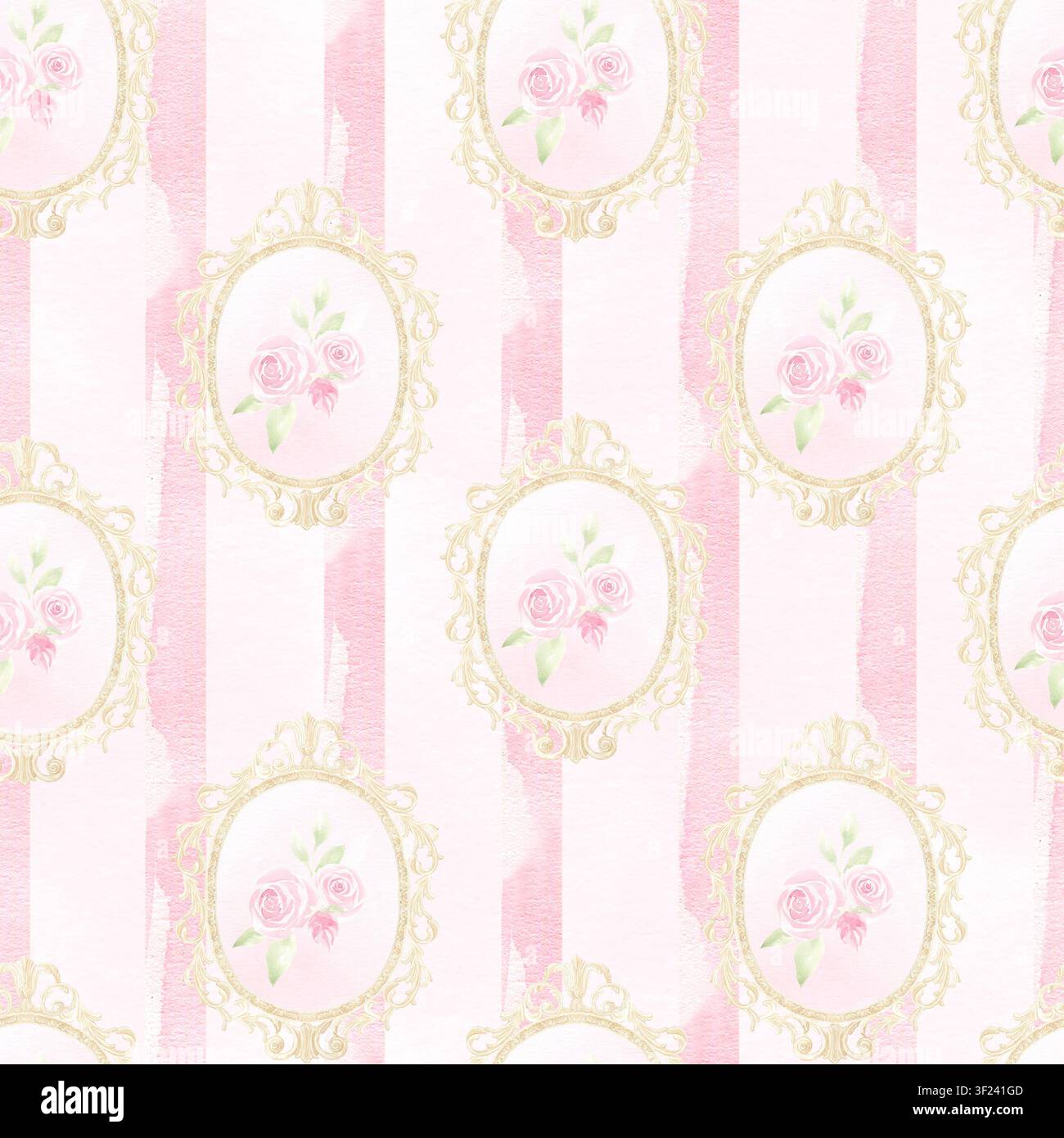 Modello senza cuciture ad acquerello con cornici dorate vintage e rose rosa su uno sfondo a righe morbide. Design romantico elegante per matrimoni di lusso Foto Stock