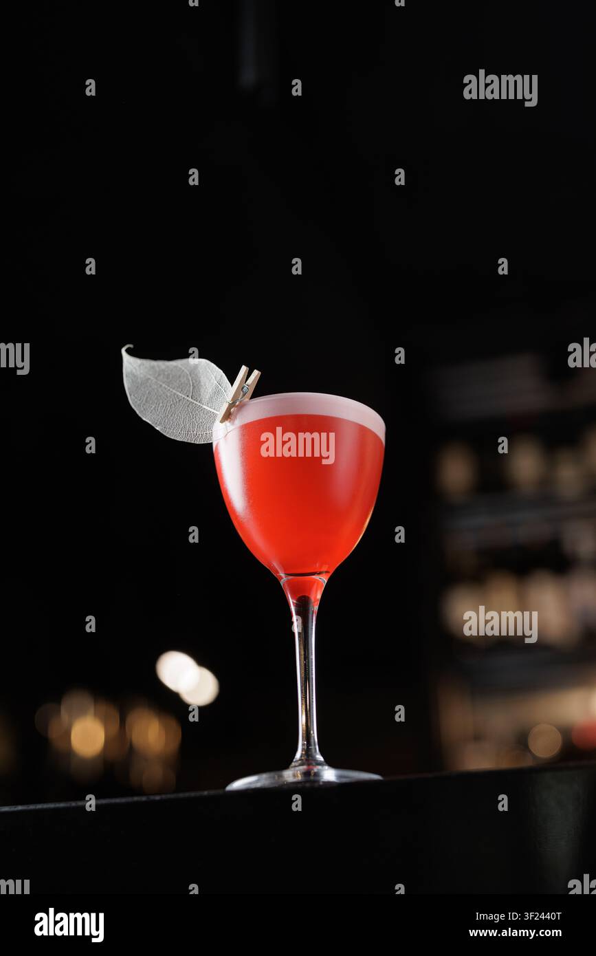 Un cocktail rosso magnificamente realizzato, guarnito con una foglia delicata, perfetto per bar di lusso o menu di cocktail, che mostra lusso e sofisticazione. Foto Stock