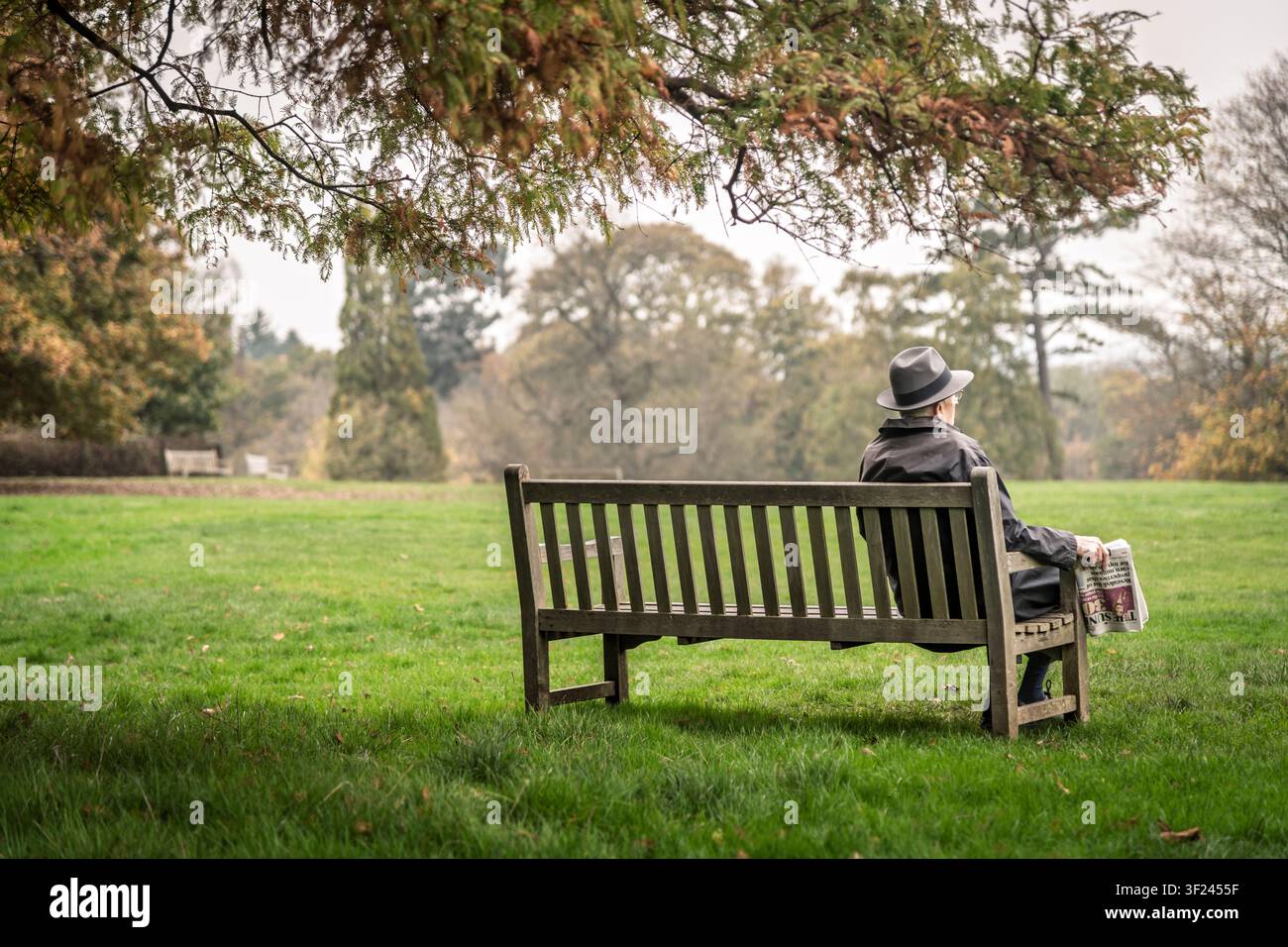 Una figura solitaria misteriosa con cappello aspetta seduta su una panchina nel parco in autunno — un'atmosfera di quieta intriga. Foto Stock