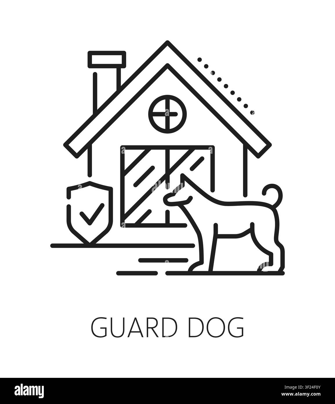 Icona o segno di linea di sicurezza domestica per cane da guardia. Simbolo vettore di linea per la protezione della proprietà, simbolo di servizio di sicurezza domestica. Pittogramma di guardia domestica o icona di contorno della sicurezza degli edifici con edificio cottage e cane Illustrazione Vettoriale
