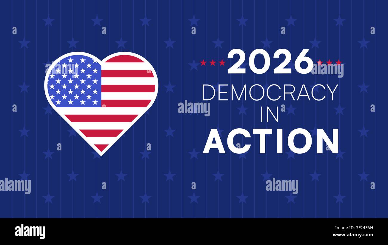 Banner 2026 “Democrazia in azione” con cuore della bandiera americana su sfondo blu, illustrazione vettoriale Illustrazione Vettoriale