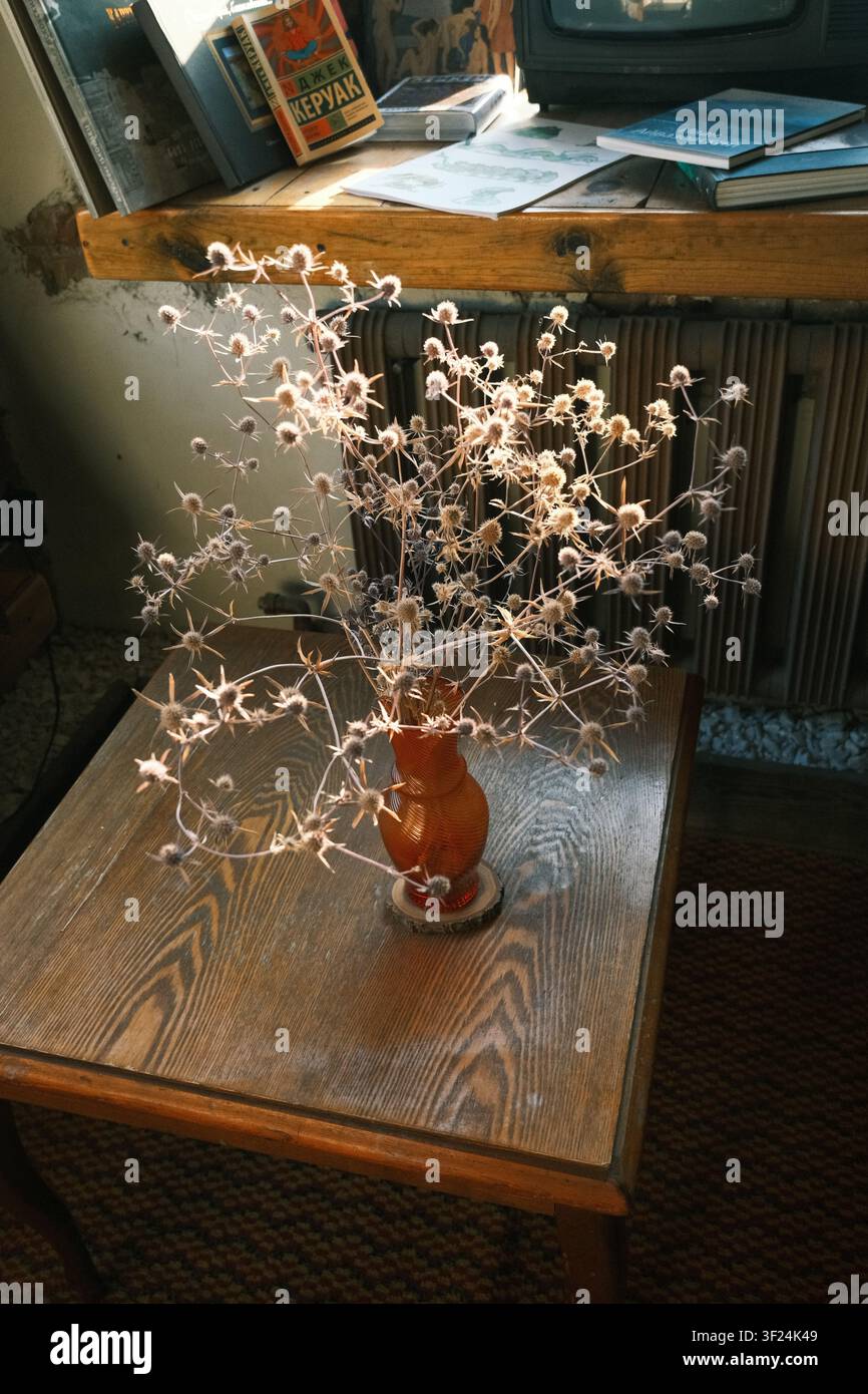Una vivace composizione di fiori colorati in un vaso illuminata da una luce naturale soffusa, che crea una composizione di natura morta pacifica ed elegante. Foto Stock