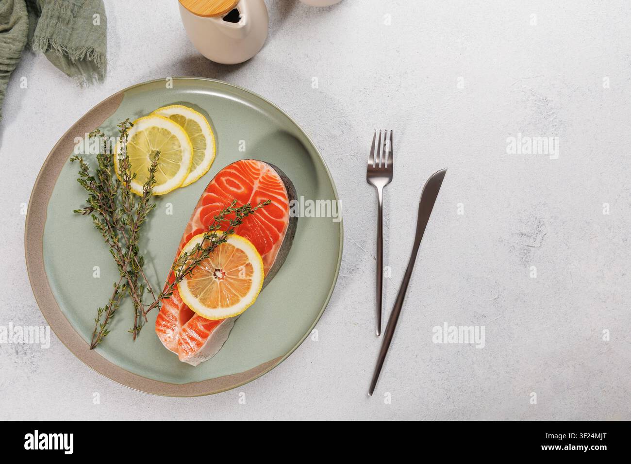 Vista superiore del layout della ricetta del salmone per la pagina del libro di cucina Foto Stock