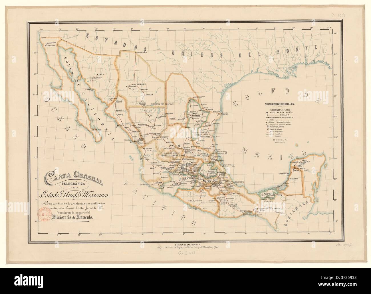 Una mappa telegrafica generale degli Stati Uniti Messicani, che mostra le linee costruite e operative a partire da giugno 1885, creata per la sezione di cartografia del Ministero dello Sviluppo sotto la direzione dell'ingegnere Ignacio Molina, costruita e disegnata da Alberto Gomez Llata, un cartografo messicano, nel 1889. Foto Stock