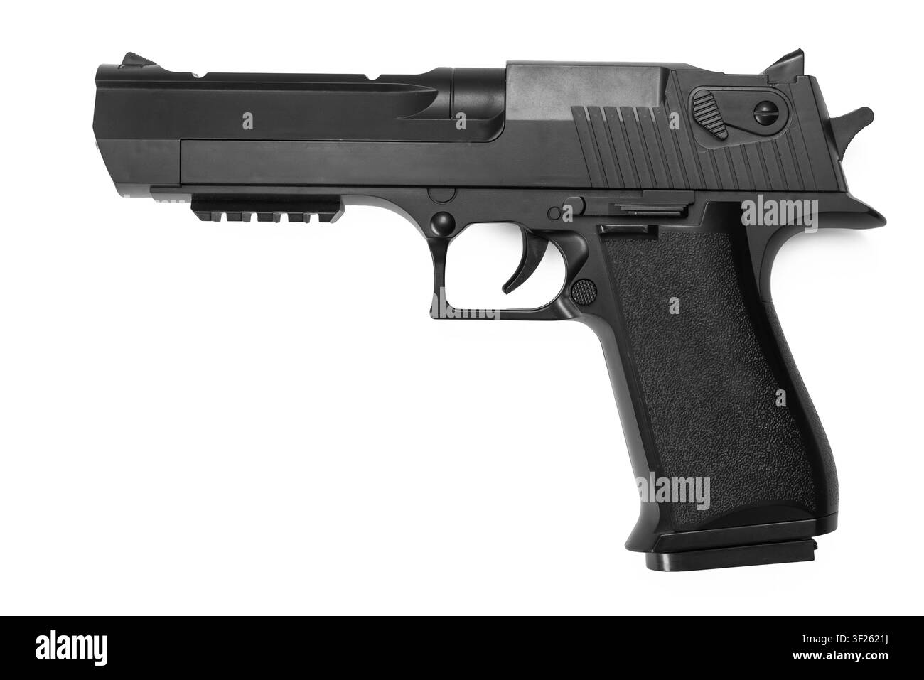 Pistola giocattolo nera isolata su sfondo bianco, vista laterale Foto Stock