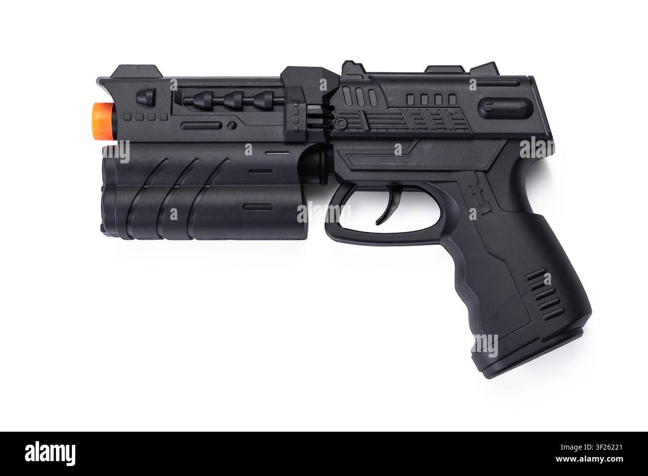 Pistola laser giocattolo futuristica nera isolata su sfondo bianco Foto Stock