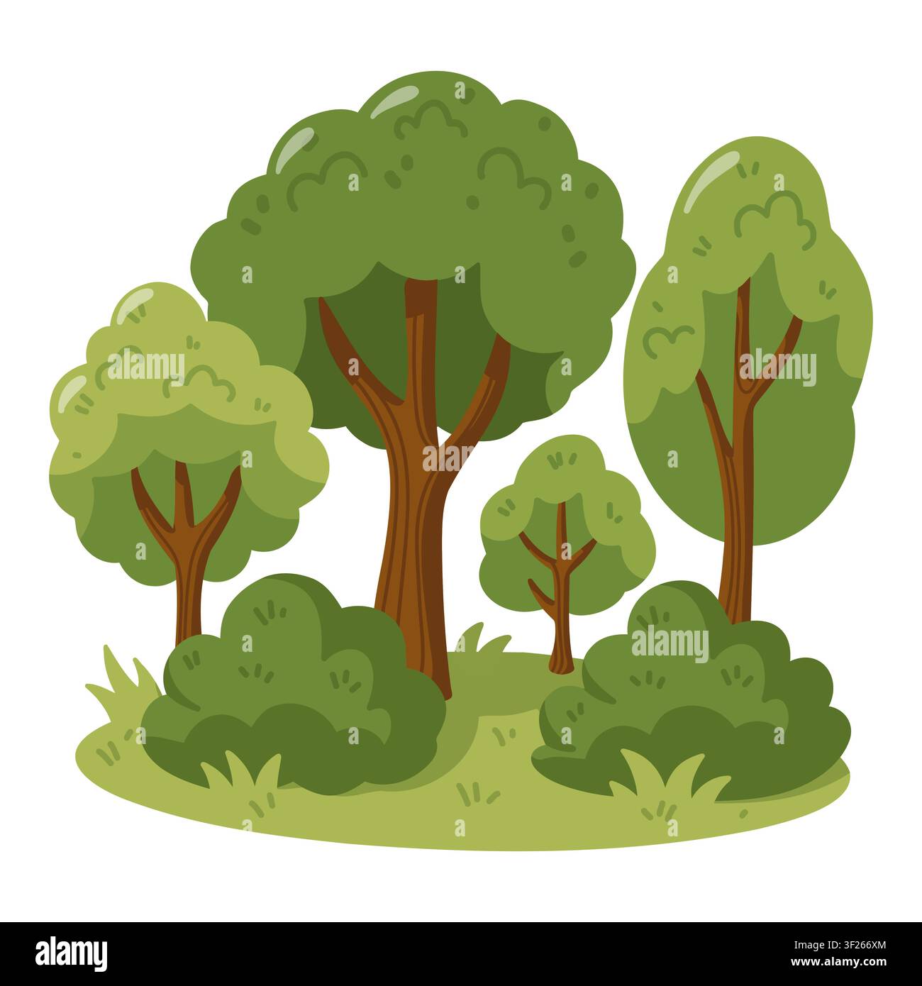 Foresta verde con alberi frondosi, arbusti ed erba. Illustrazione vettoriale cartoon su sfondo bianco Illustrazione Vettoriale