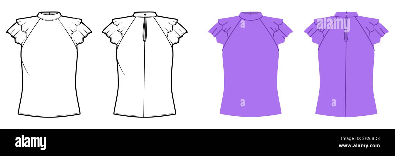 Camicetta a collo alto con maniche a balze, silhouette aderente, linee di forma pulite che creano un look elegante. Illustrazione tecnica di moda in bianco nero, vedute frontale e posteriore, template CAD per abbigliamento. Vettore Illustrazione Vettoriale