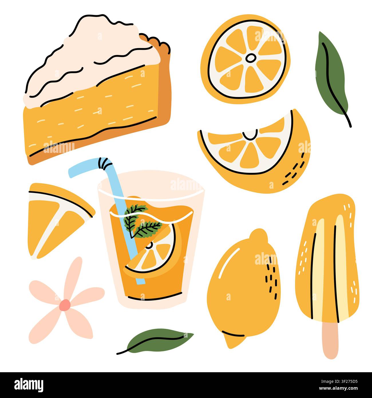 Set di dessert e bevande al limone disegnati a mano con torta e limonata Illustrazione Vettoriale
