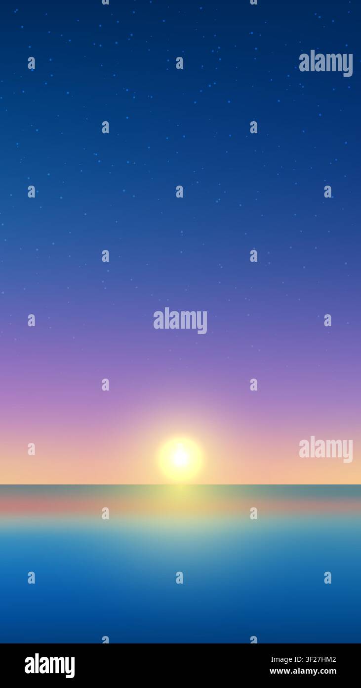 Tramonto su sfondo oceanico con notte stellata e illustrazione vettoriale di cielo sfumato per sfondo per cellulare o design di banner estivo minimalista che inizia con Illustrazione Vettoriale