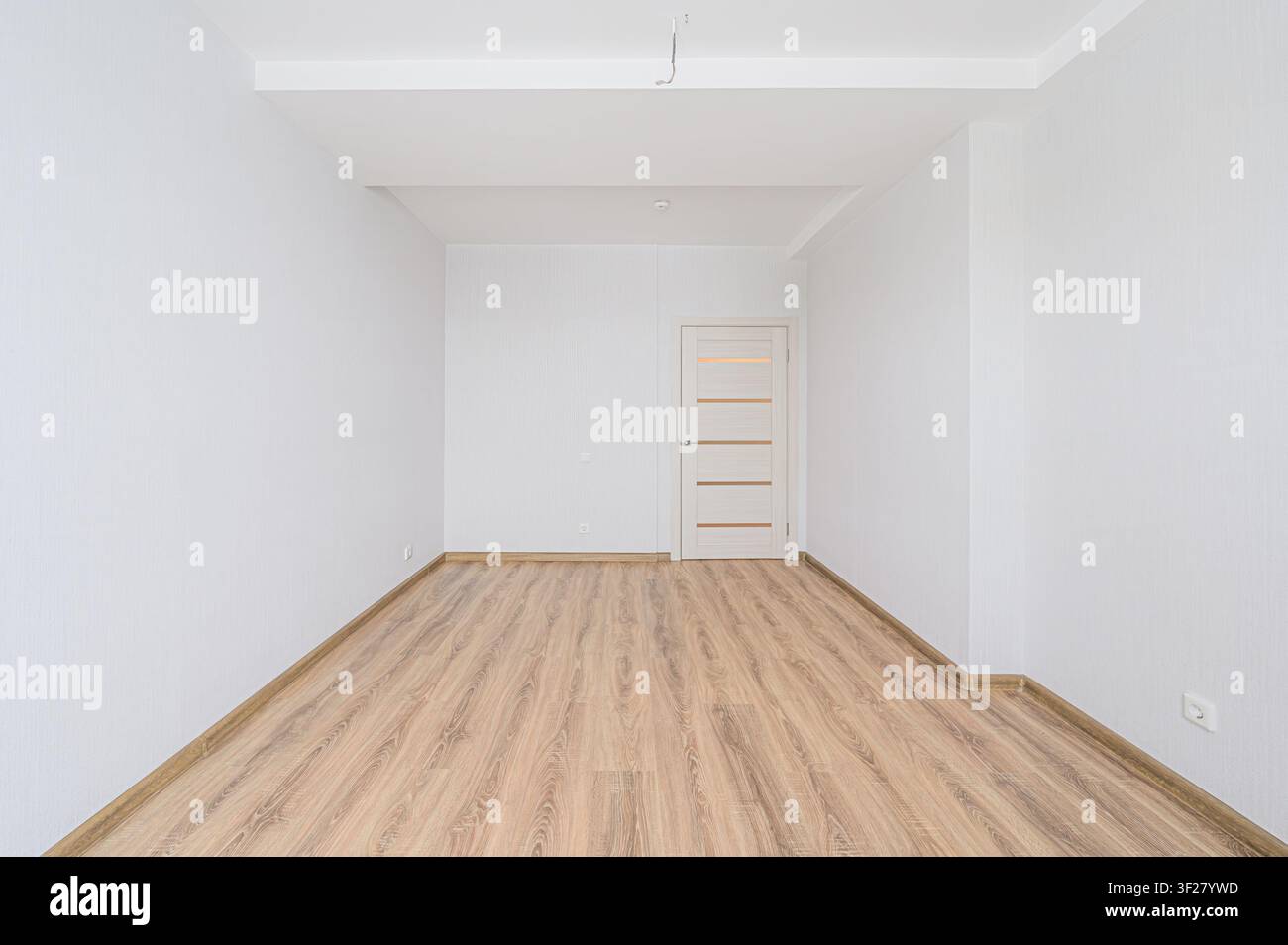 stanza vuota con pareti bianche, pavimento effetto legno marrone chiaro e una porta bianca con pannelli in vetro smerigliato Foto Stock