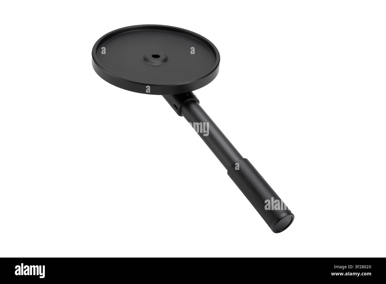 Rendering 3D di un dispositivo metal detector nero opaco tenuto in mano, mostrato da un angolo di 45 gradi con illuminazione soffusa. Foto Stock