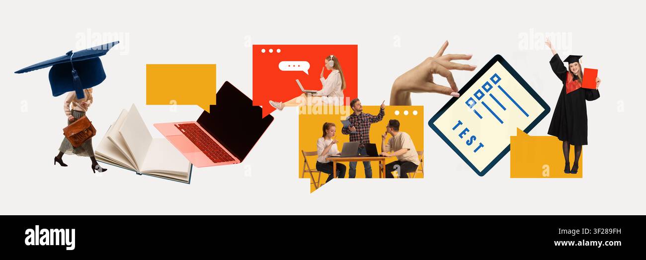 Viaggio educativo dai libri alla certificazione digitale attraverso l'apprendimento online e la tecnologia moderna. Foto Stock