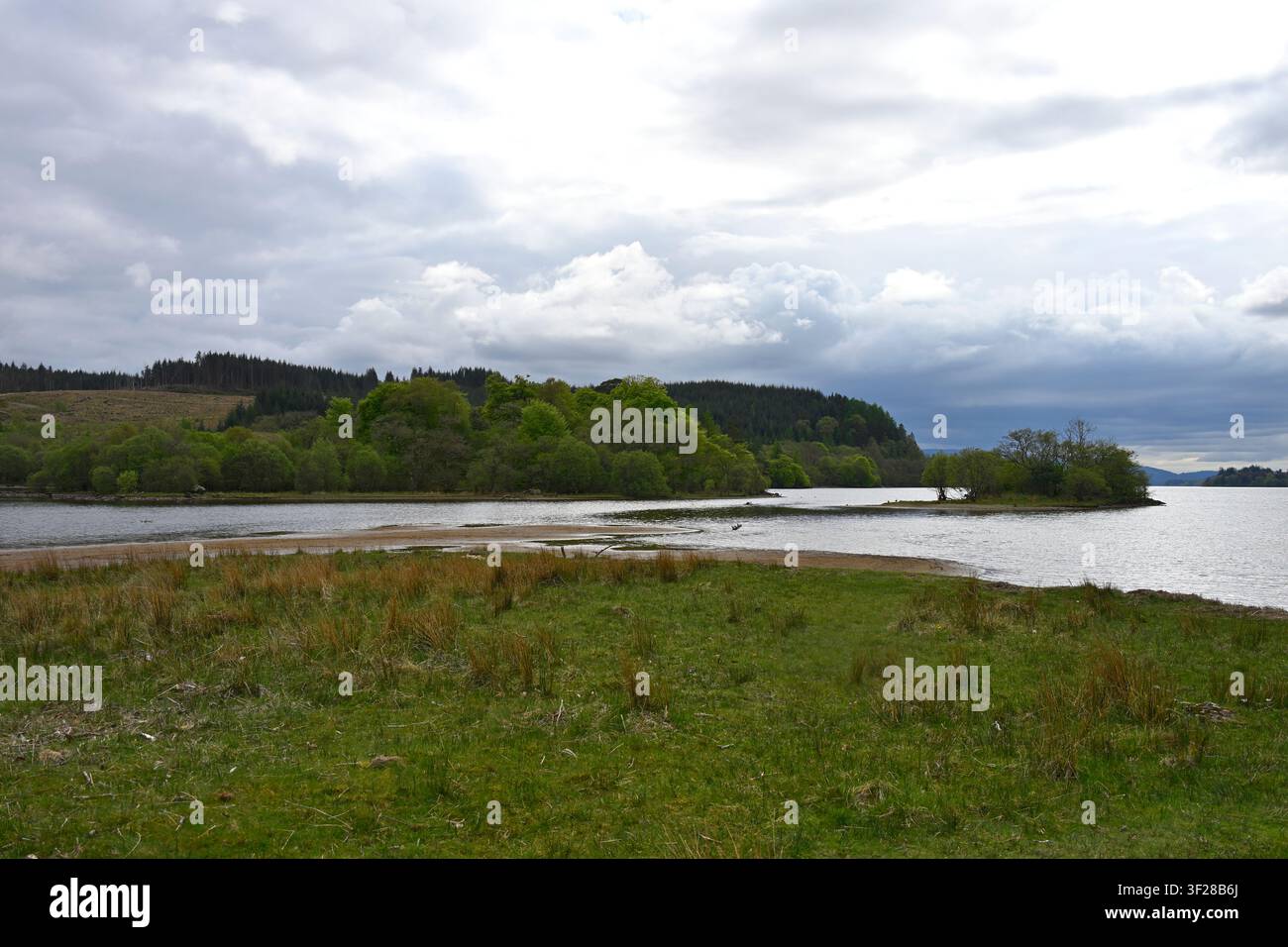 Piccola isola nel paesaggio scenografico di Loch Awe nelle Highlands scozzesi, Scozia, Regno Unito, maggio Foto Stock