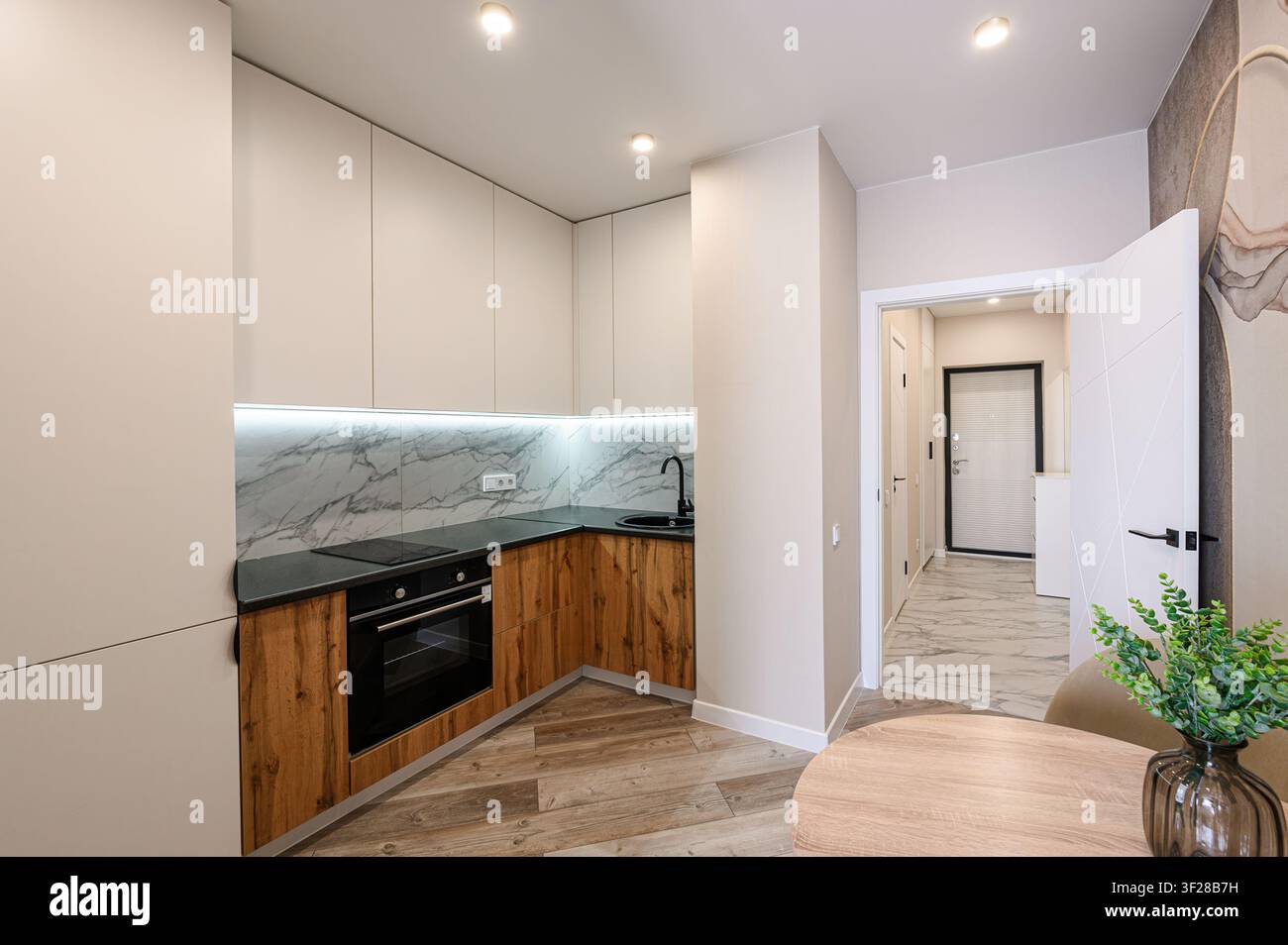 Cucina moderna con armadi eleganti, dettagli in legno, rivestimento in marmo e un'anteprima di un corridoio Foto Stock