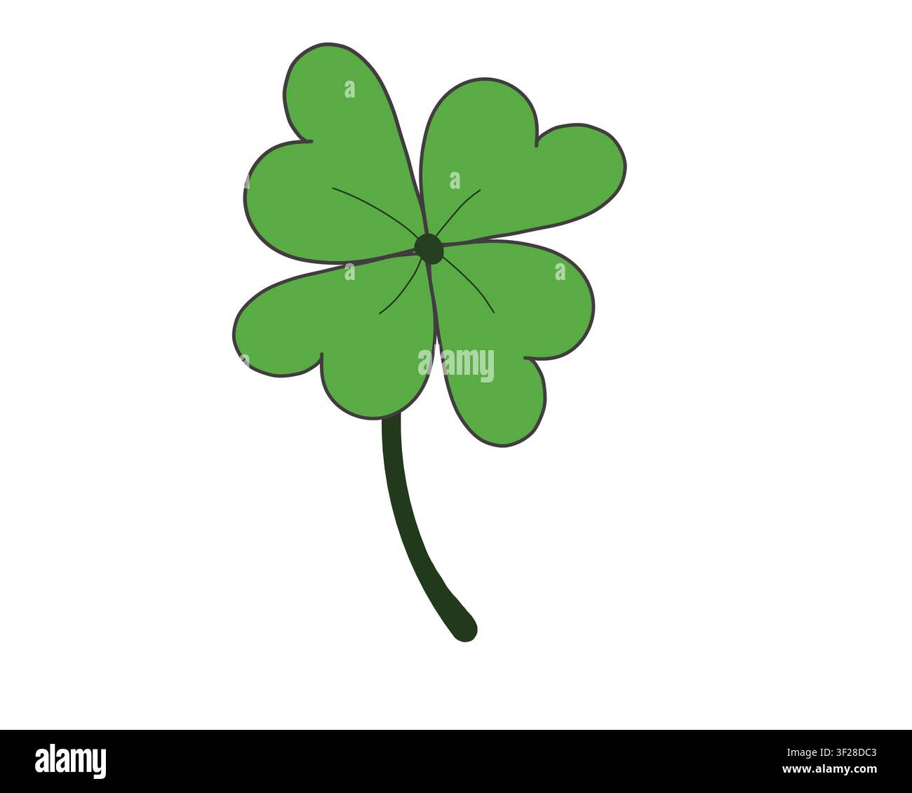 Trifoglio a quattro foglie verde disegnato a mano con un gambo curvo e un contorno audace, isolato su uno sfondo bianco. Foto Stock