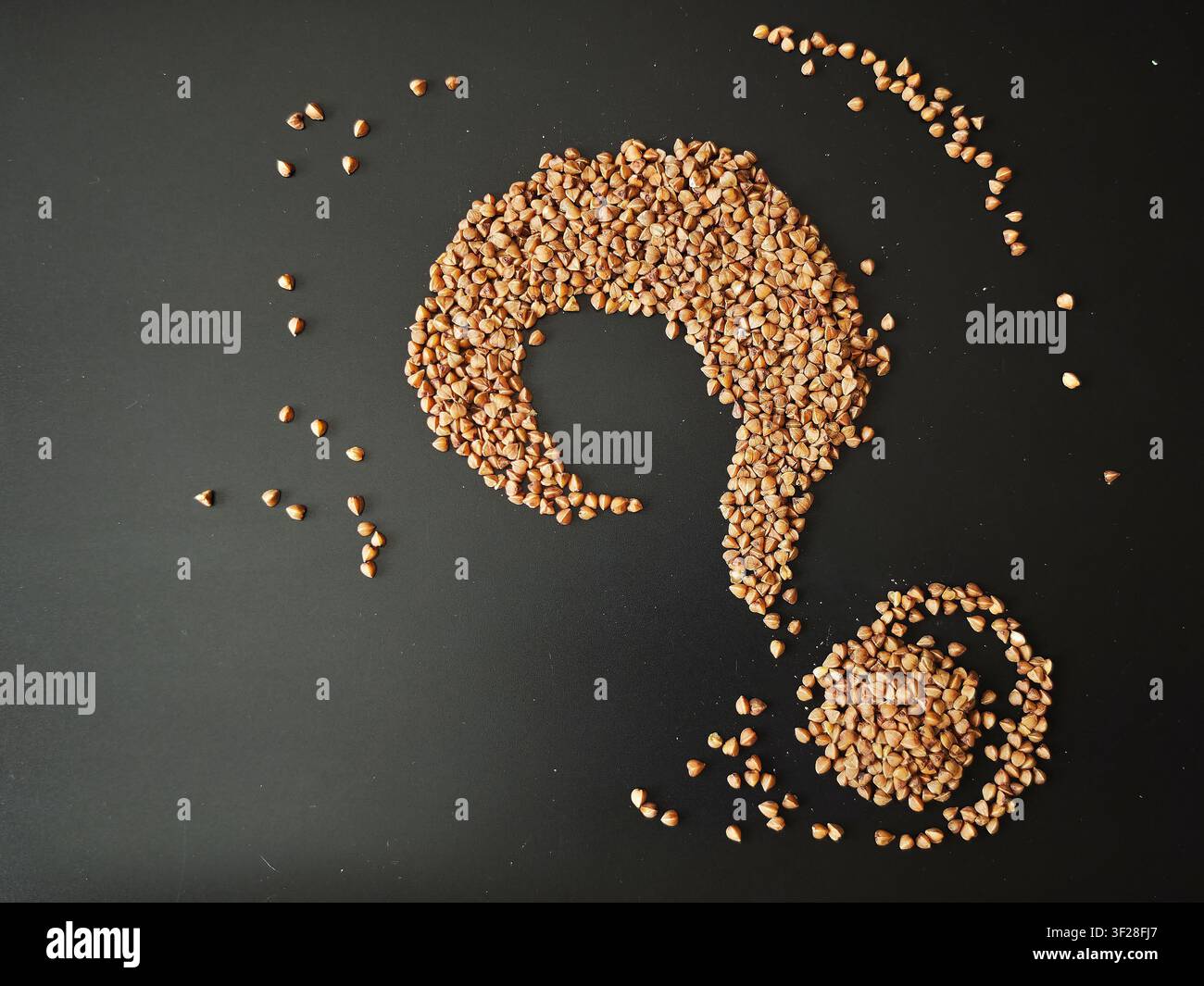 Una raccolta di semi forma un punto interrogativo su una superficie scura, creando un interessante schema visivo con spazio per il testo. Foto Stock